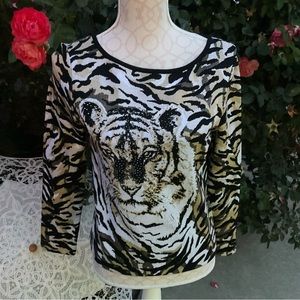 Griffith Gray St John Sz P Lion 🦁 paillette rhinestone dress Evening Sweater